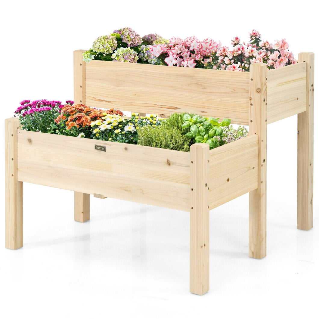 Gymax 2 Tier Wooden Raised Garden Bed Elevated Planter Box with Legs Drain Holes