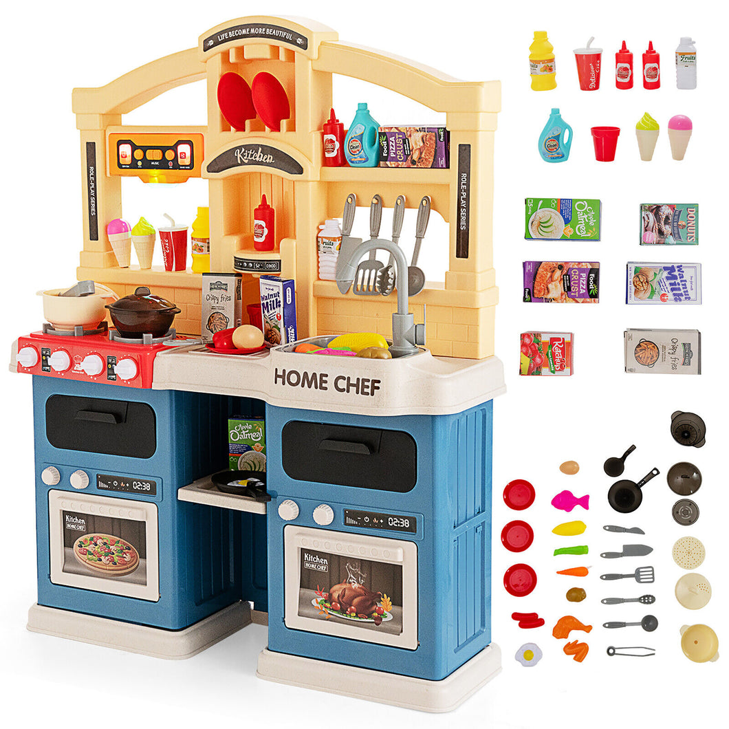 Gymax Kids Play Kitchen Set 69PC Kitchen Playset Toys With  Realistic Lights & Sounds Blue