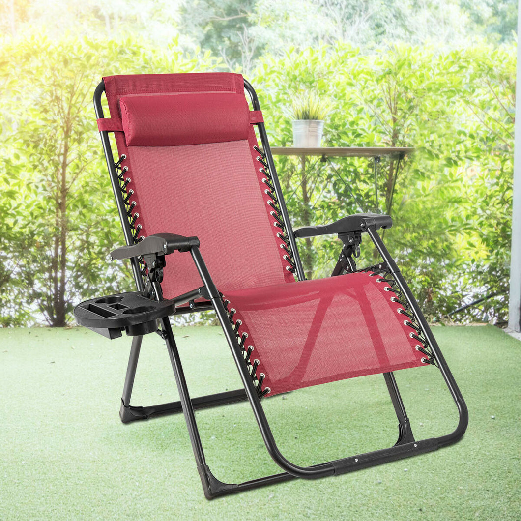 Gymax Folding Zero Gravity Lounge Chair Recliner w/ Cup Holder Tray Pillow Red