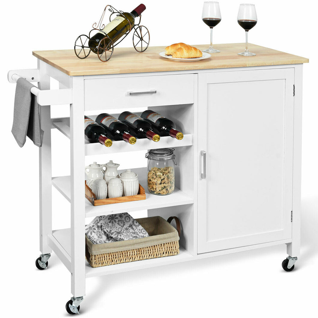 Gymax 4-Tier Wood Kitchen Island Trolley Cart Storage Cabinet w/ Wine Rack White