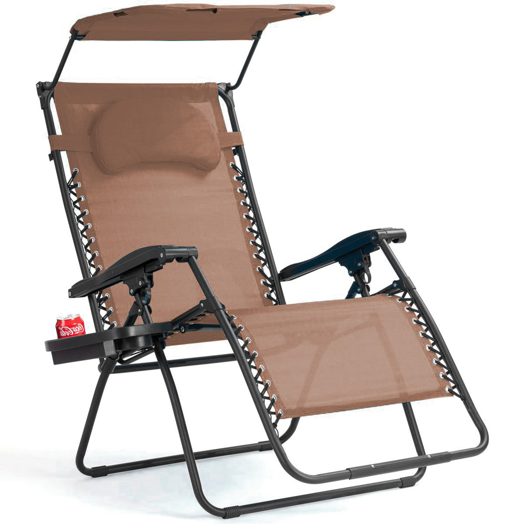 Gymax Folding Recliner Zero Gravity Lounge Chair W/ Shade Canopy Cup Holder Brown