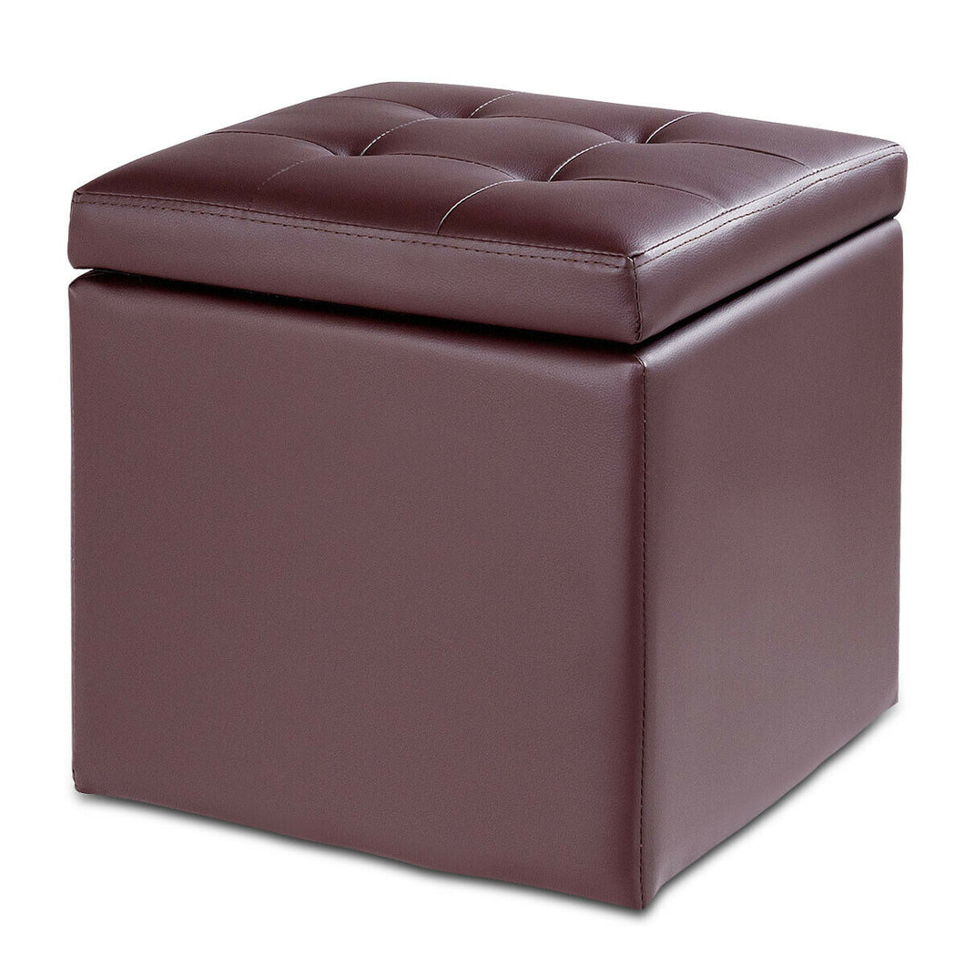 Gymax Storage Box Ottoman Square Seat Foot Stool Chair Cube Hinge Top Brown