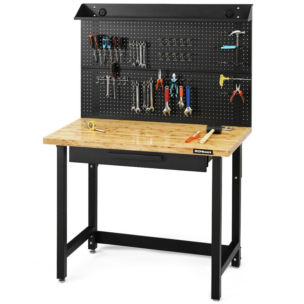 Gymax 48 Inch Workcenter Bamboo Top Garage Workbench w/Pegboard and Organizer Drawer