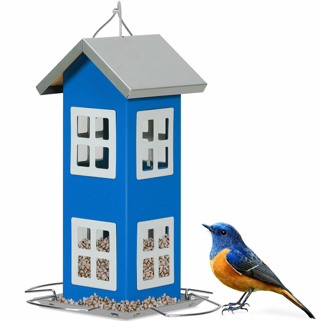 Gymax Outdoor Wild Bird Feeder Weatherproof House Design Garden Yard Decoration Blue