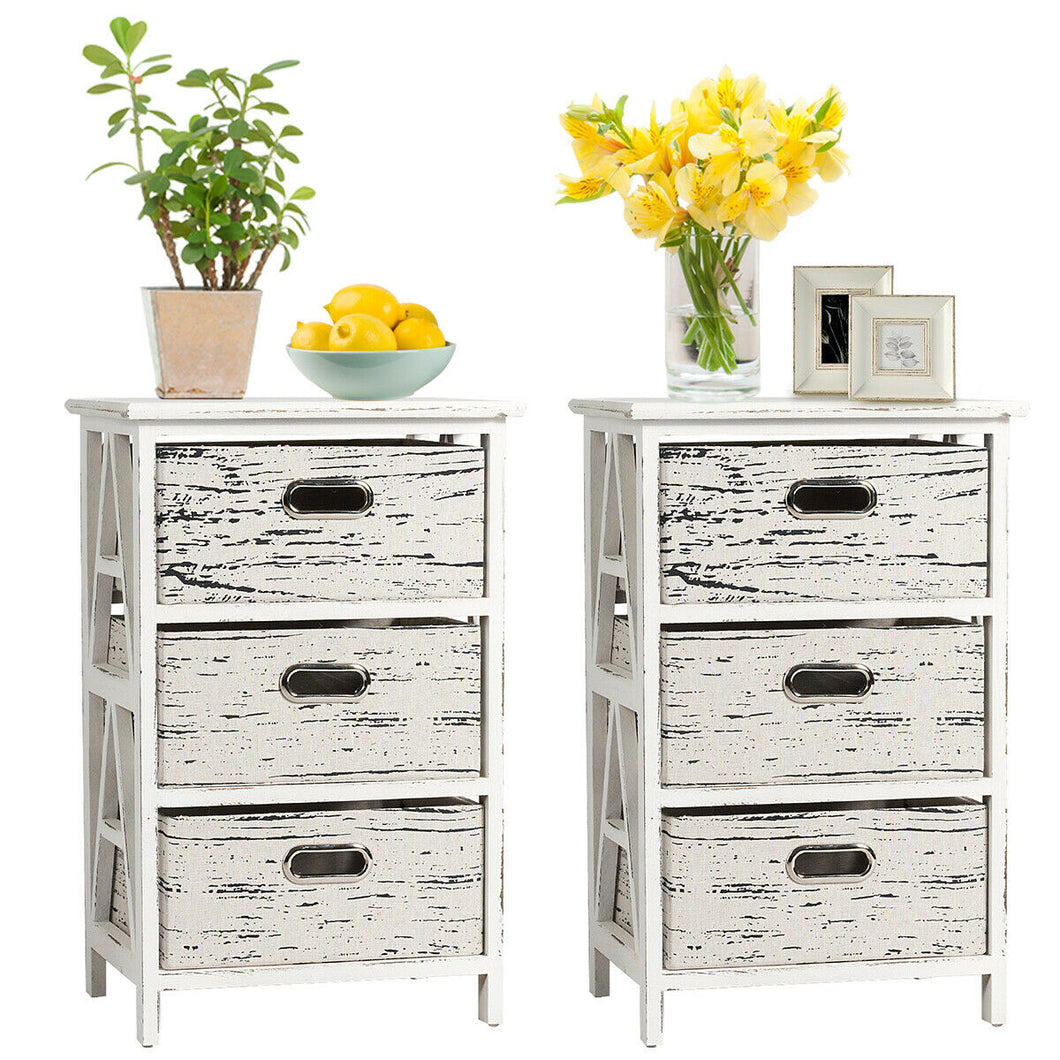 Gymax Set of 2 Chest w/3 Fabric Drawers Vintage Wood Frame End Side Table Nightstand