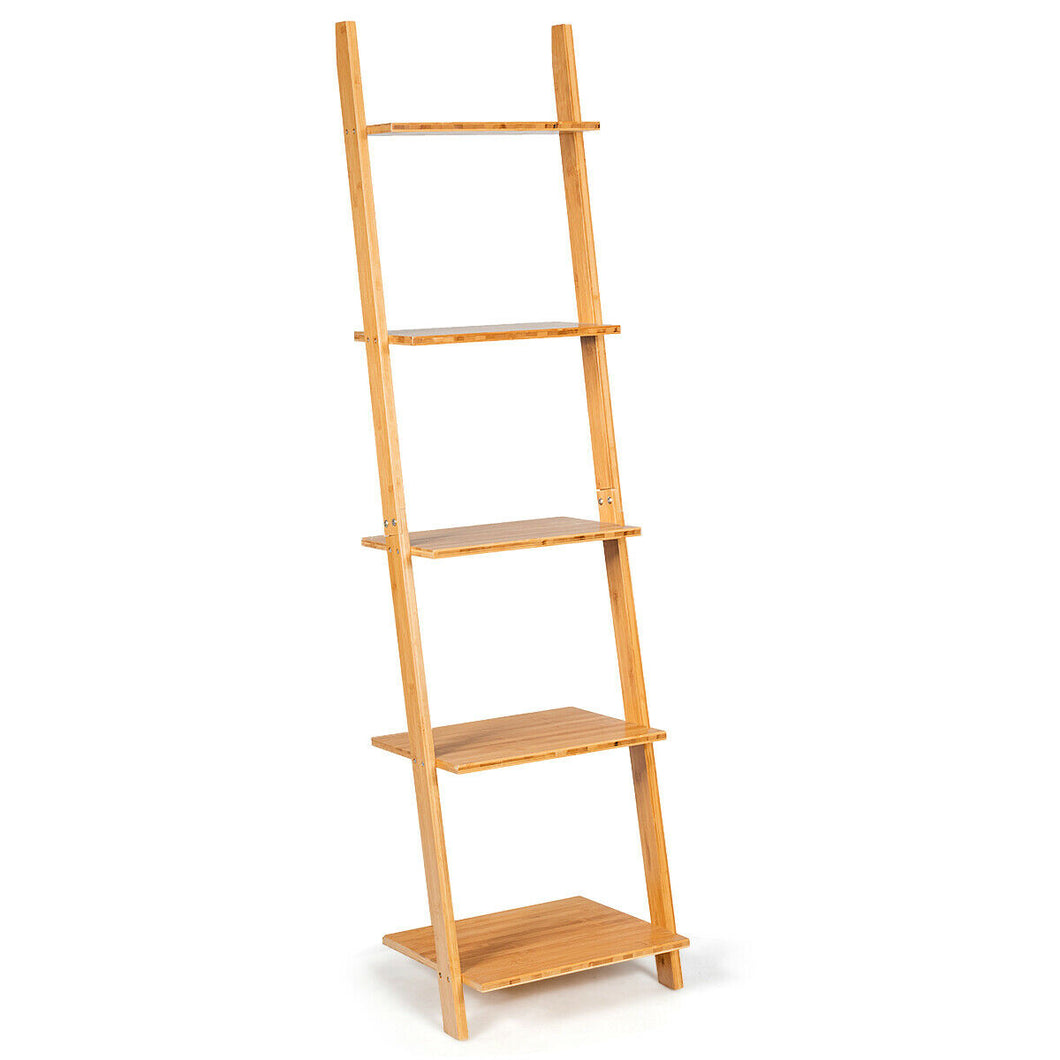 Gymax 5-Tier Ladder Shelf Modern Bamboo Leaning Bookshelf Ladder Bookcase Open Display