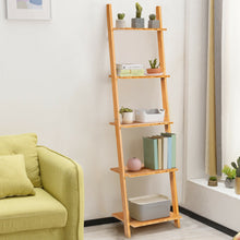 Load image into Gallery viewer, Gymax 5-Tier Ladder Shelf Modern Bamboo Leaning Bookshelf Ladder Bookcase Open Display
