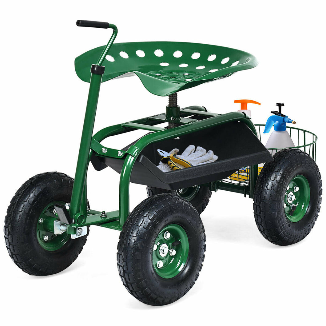 Gymax Rolling Garden Cart Scooter w/ Adjustable Seat Storage Basket Tray