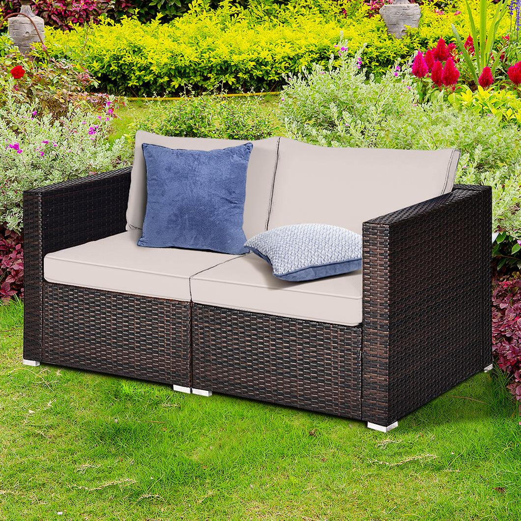 Gymax 2PCS Rattan Corner Sofa Set Patio Outdoor Furniture Set w/ 4 Beige Cushions