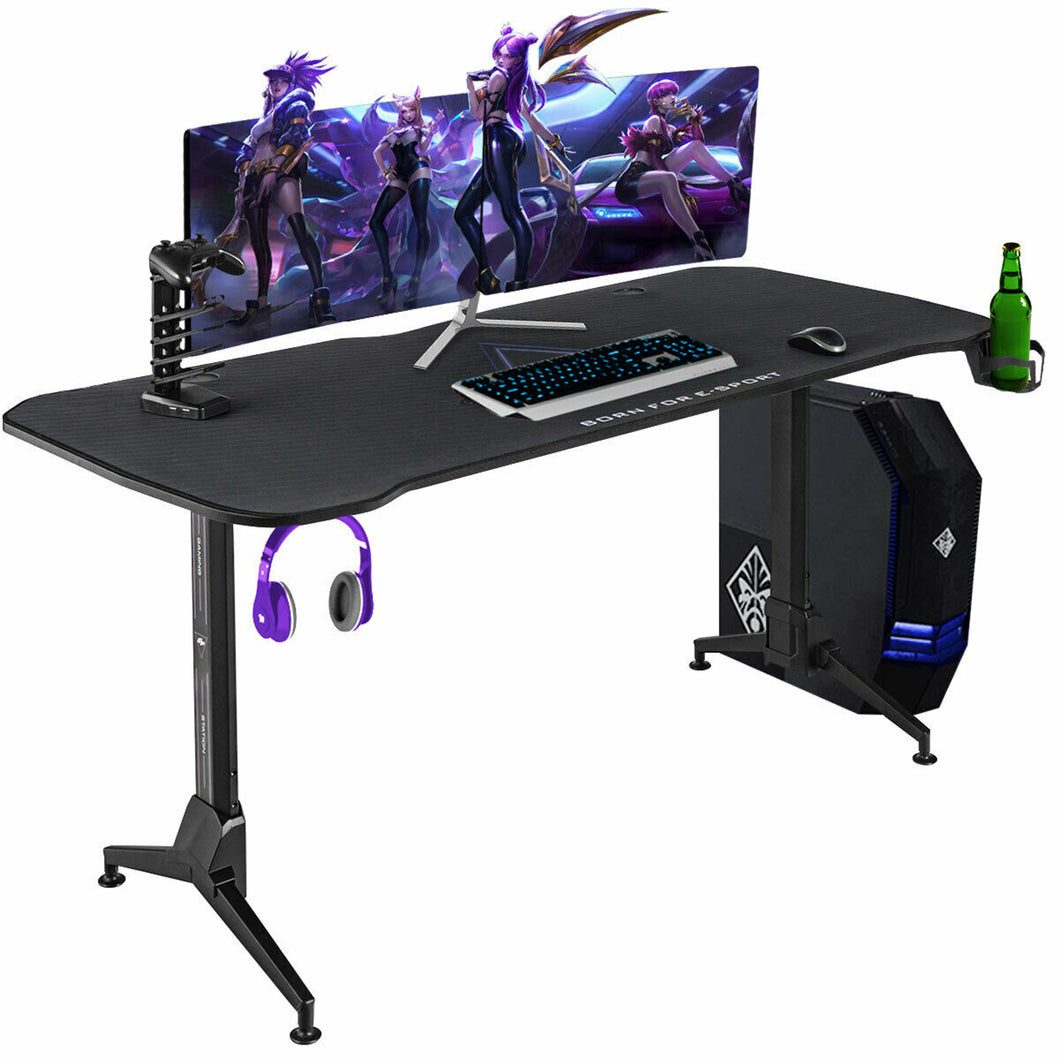 Gymax Gaming Desk 62.5'' T-Shape Height Adjustable w/ Mouse Pad Handle Rack Cup Holder