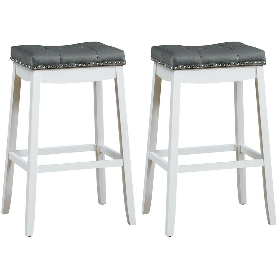 Gymax Set of 2 Nailhead Saddle Bar Stools 29'' Pub Chairs with Rubber Wood Legs White