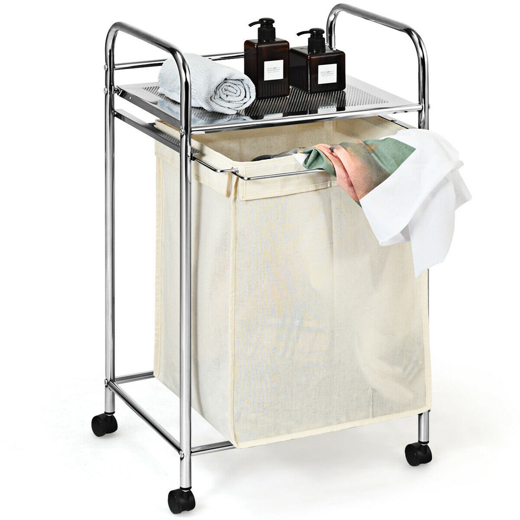 Gymax Laundry Cart Laundry Hamper Basket Cart w/Rolling Wheels Shelf & Removable Bag