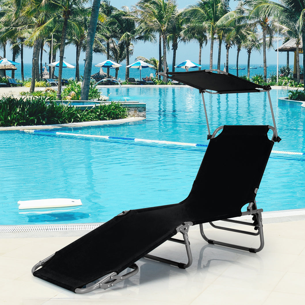 Gymax Foldable Lounge Chair Adjustable Outdoor Beach Patio Pool Recliner Black W/ Sun Shade