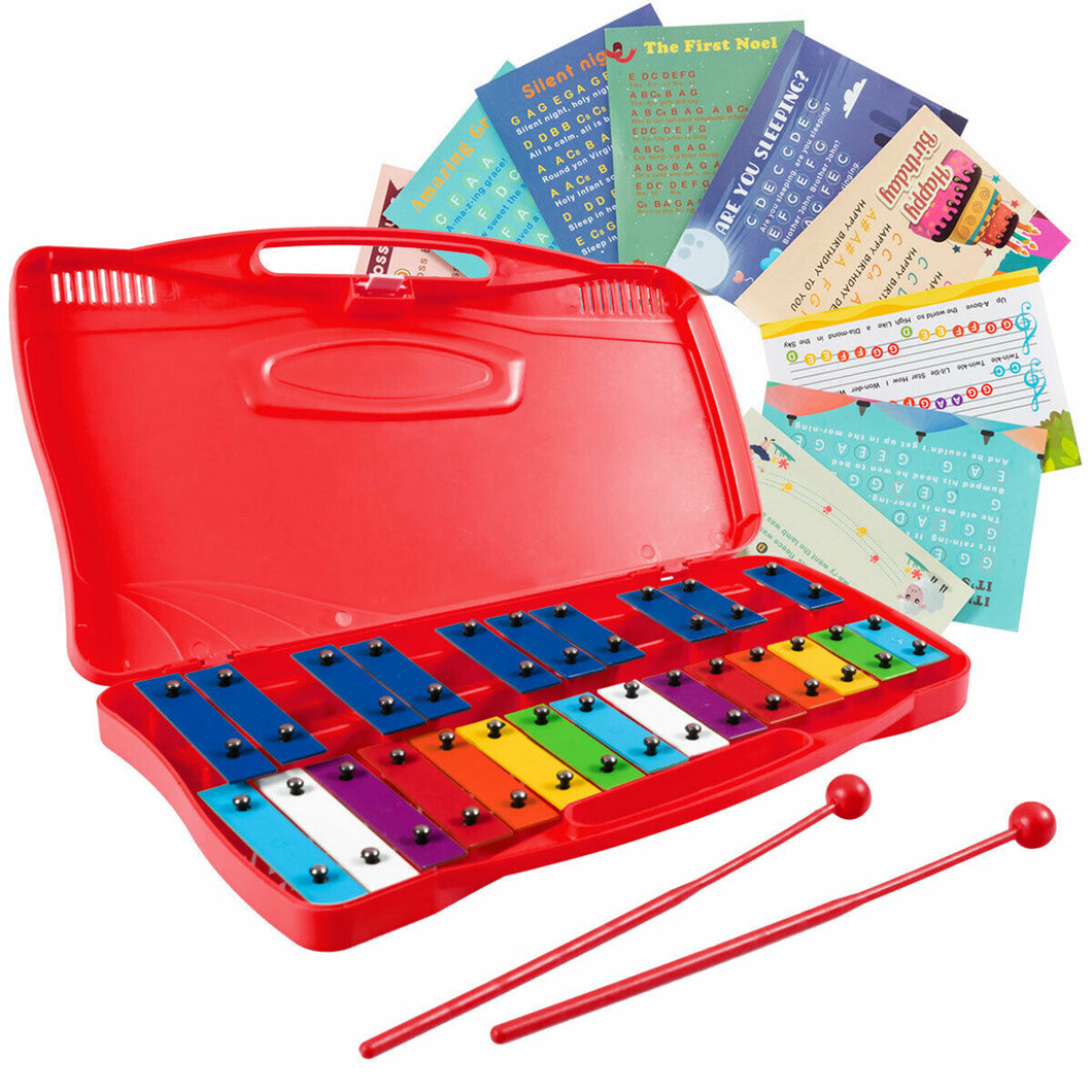 Gymax 25 Notes Kids Glockenspiel Chromatic Metal Xylophone w/ Red Case and 2 Mallets