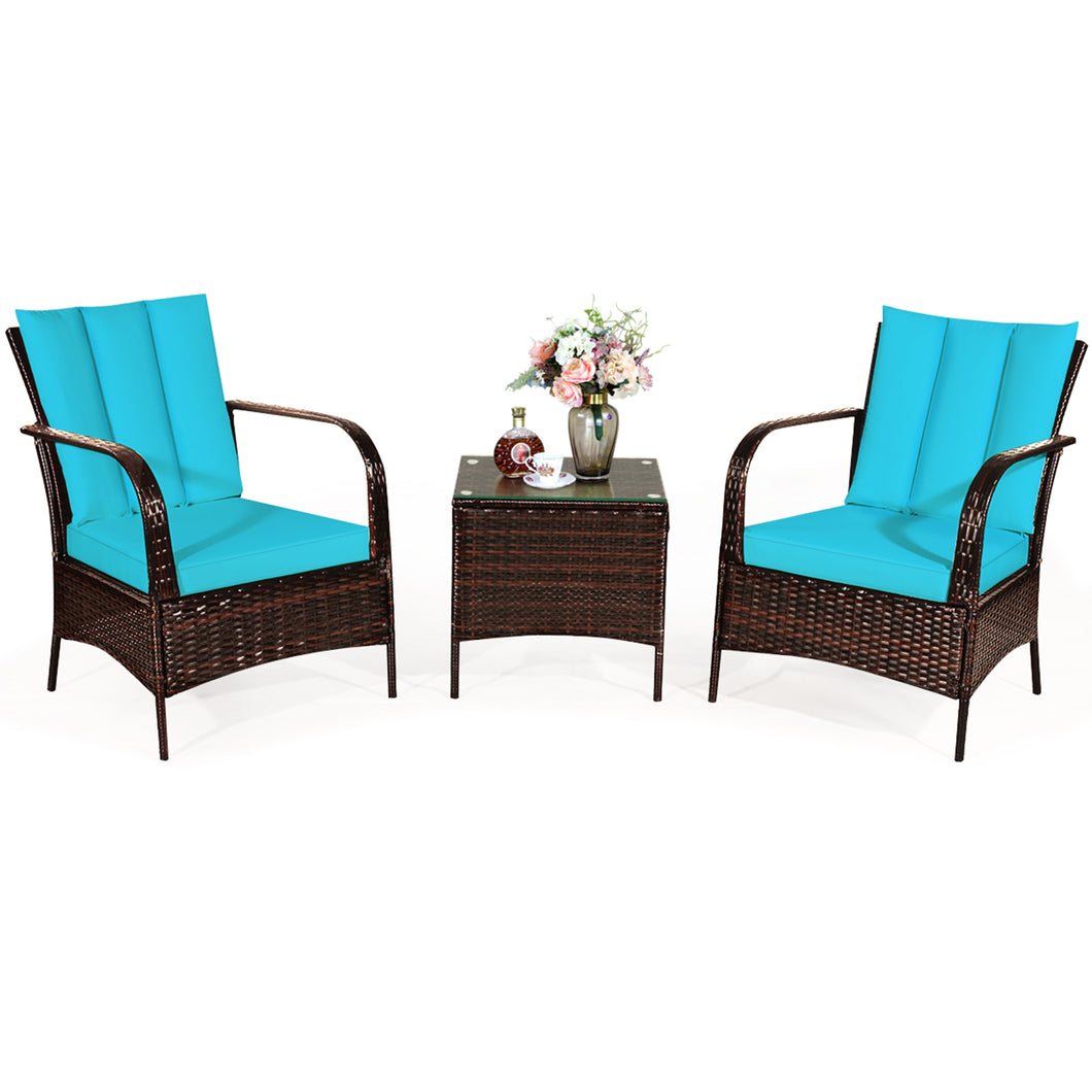 Gymax 3PCS Patio Rattan Conversation Set Outdoor Furniture Set w/ Turquoise Cushion