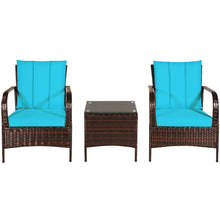 Load image into Gallery viewer, Gymax 3PCS Patio Rattan Conversation Set Outdoor Furniture Set w/ Turquoise Cushion
