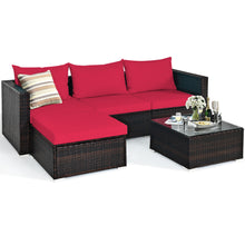 Load image into Gallery viewer, Gymax 5PCS Cushioned Rattan Patio Conversation Set w/ Ottoman Red Cushion
