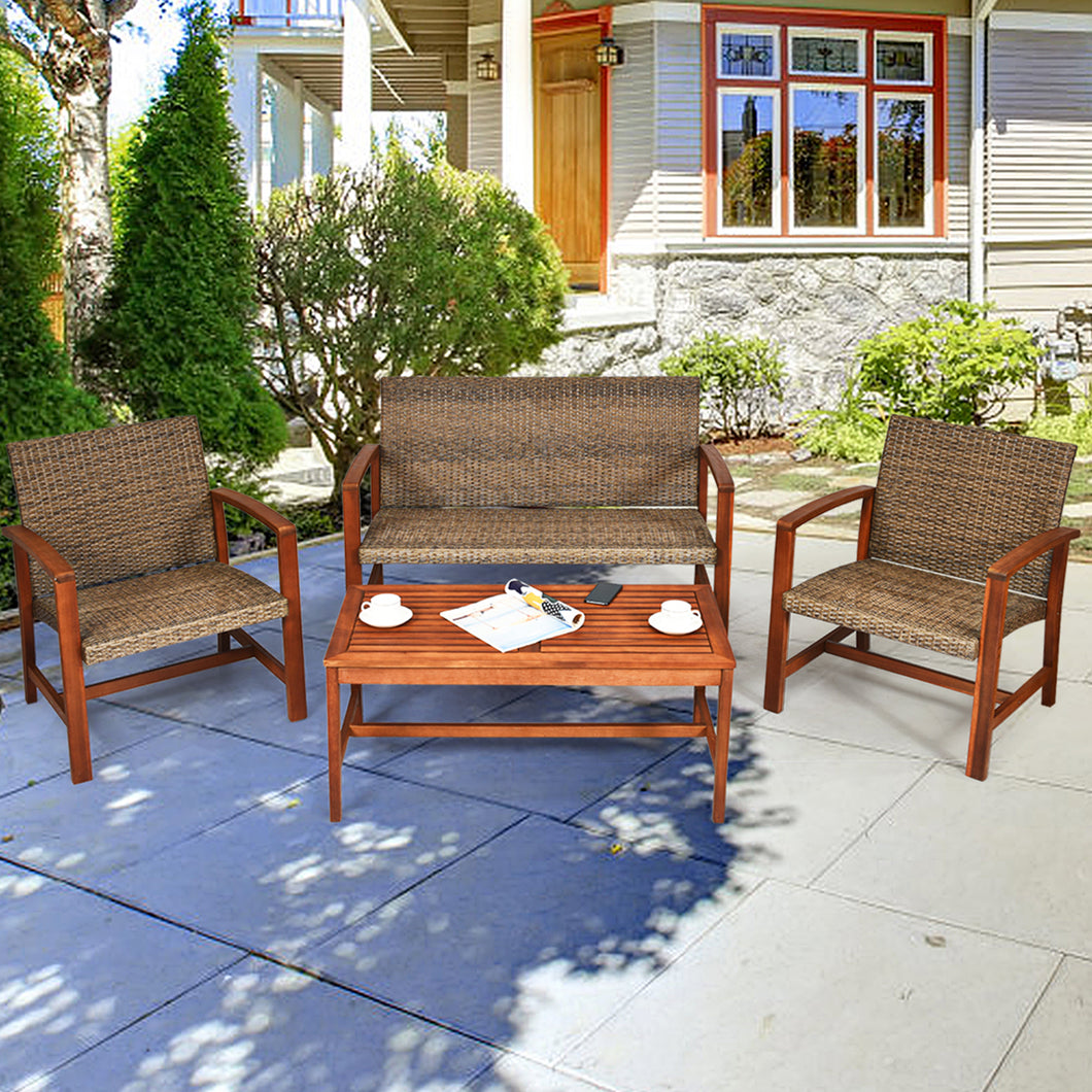 Gymax 4PCS Patio Conversation Set Outdoor Furniture Set w/ Acacia Wood Frame
