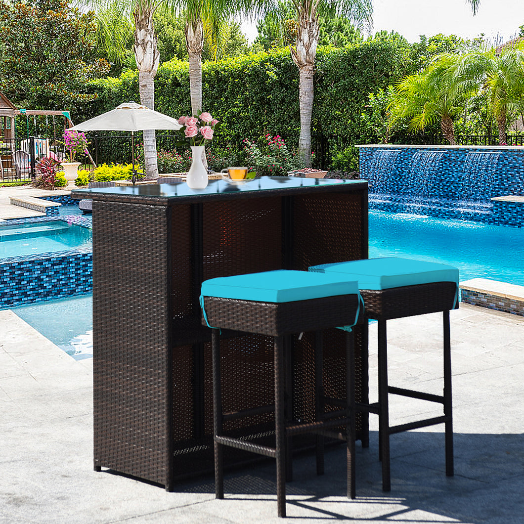 Gymax 3PCS Rattan Patio Bar Table & Stool Set Dining Set w/ Turquoise Cushion