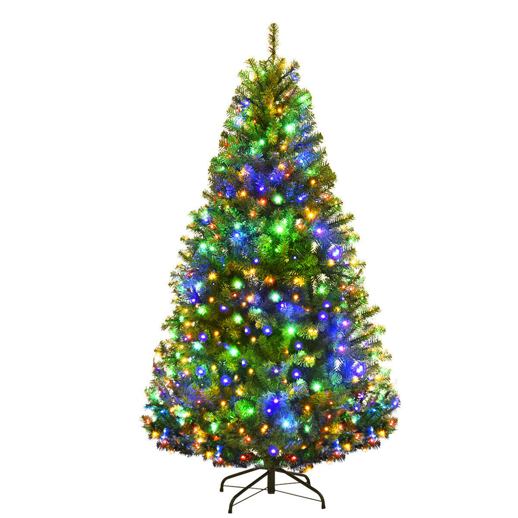Gymax 5-9FT Pre-Lit Christmas Tree Hinged Artificial Tree w/ Metal Stand LED Lights
