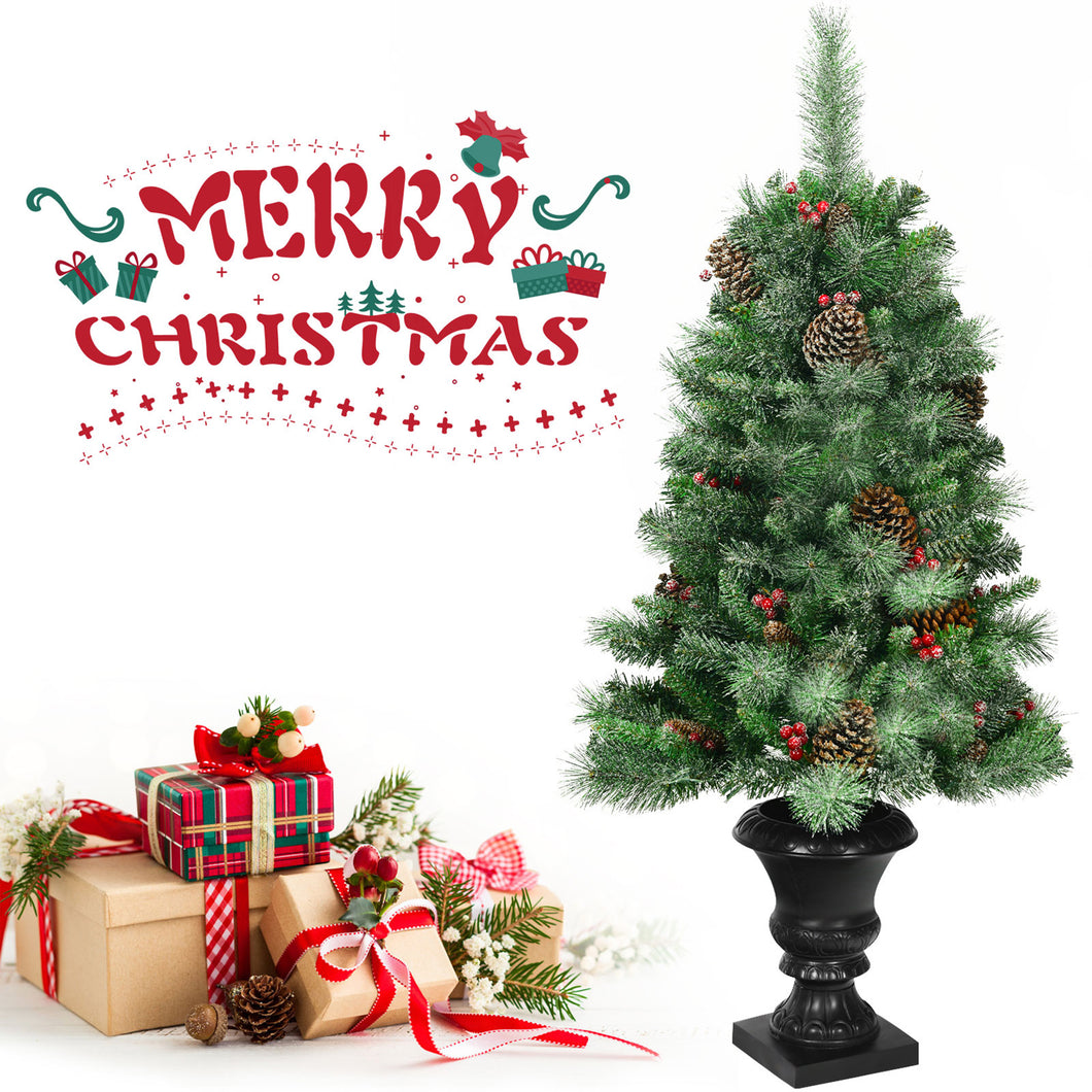 Gymax 4FT Pathway Christmas Tree Artificial Xmas Tree w/ Pine Cones Red Berries