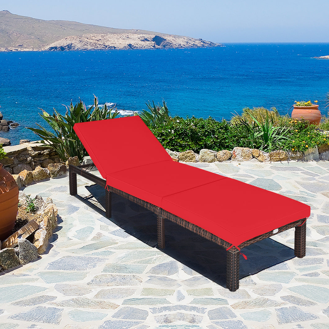 Gymax Adjustable Patio Rattan Chaise Lounge Chair Recliner Outdoor w/ Red Cushion