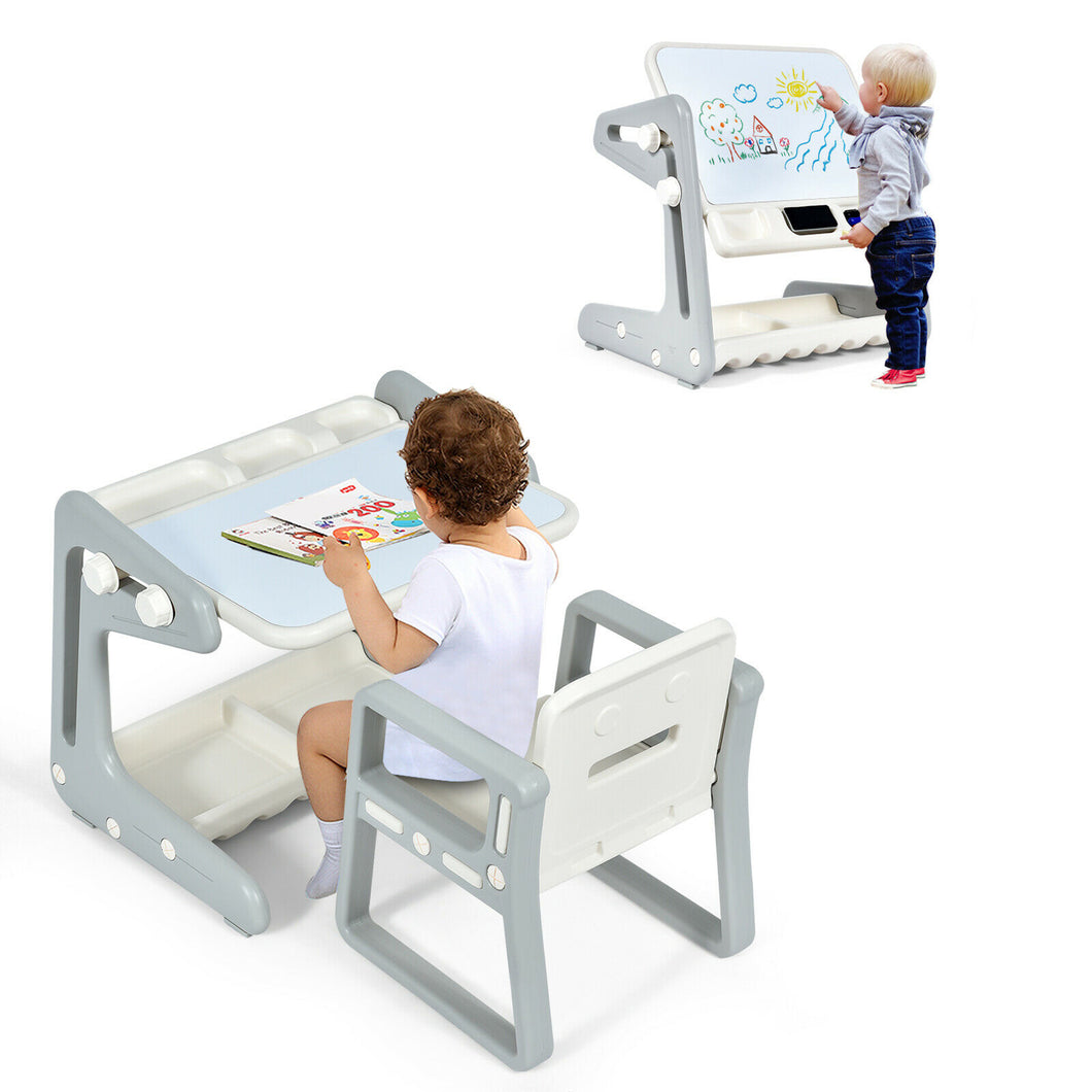 Gymax 2 in 1 Kids Easel Table & Chair Set Adjustable Art Painting Board Gray/Blue/Light Pink