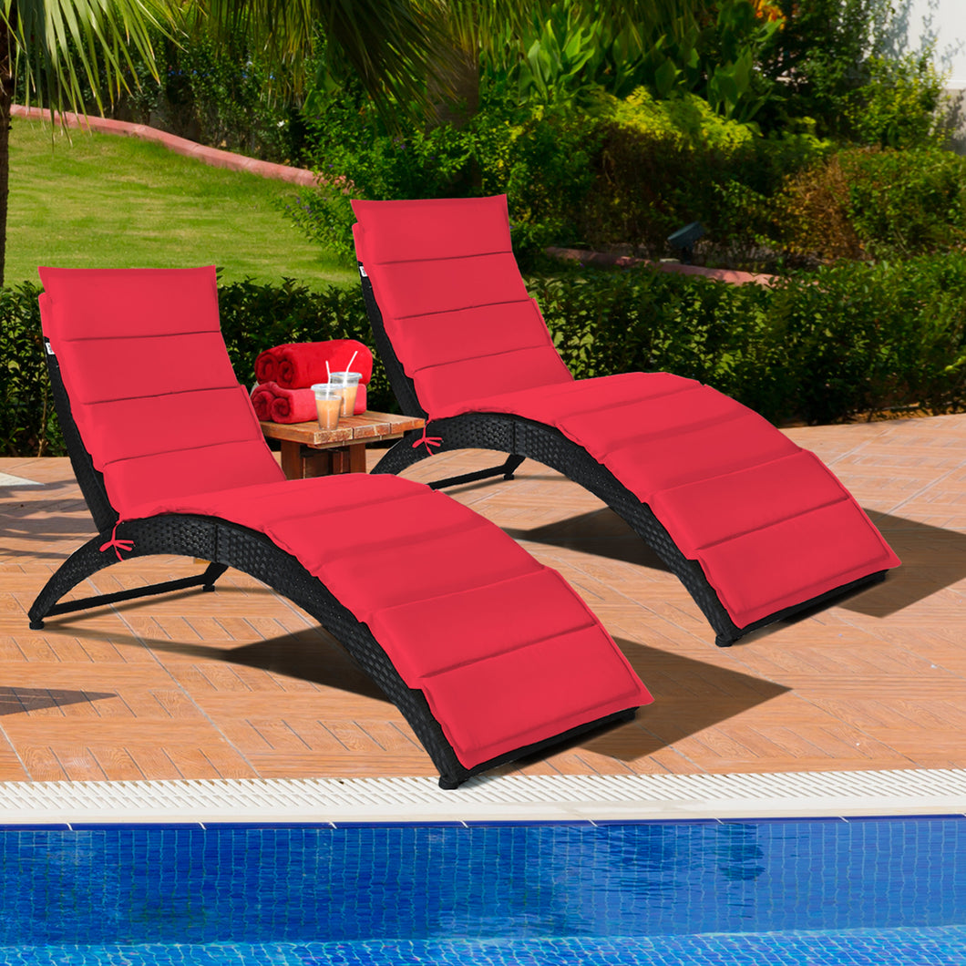 Gymax 2PCS Foldable Rattan Wicker Chaise Lounge Chair w/ Red Cushion Patio Outdoor