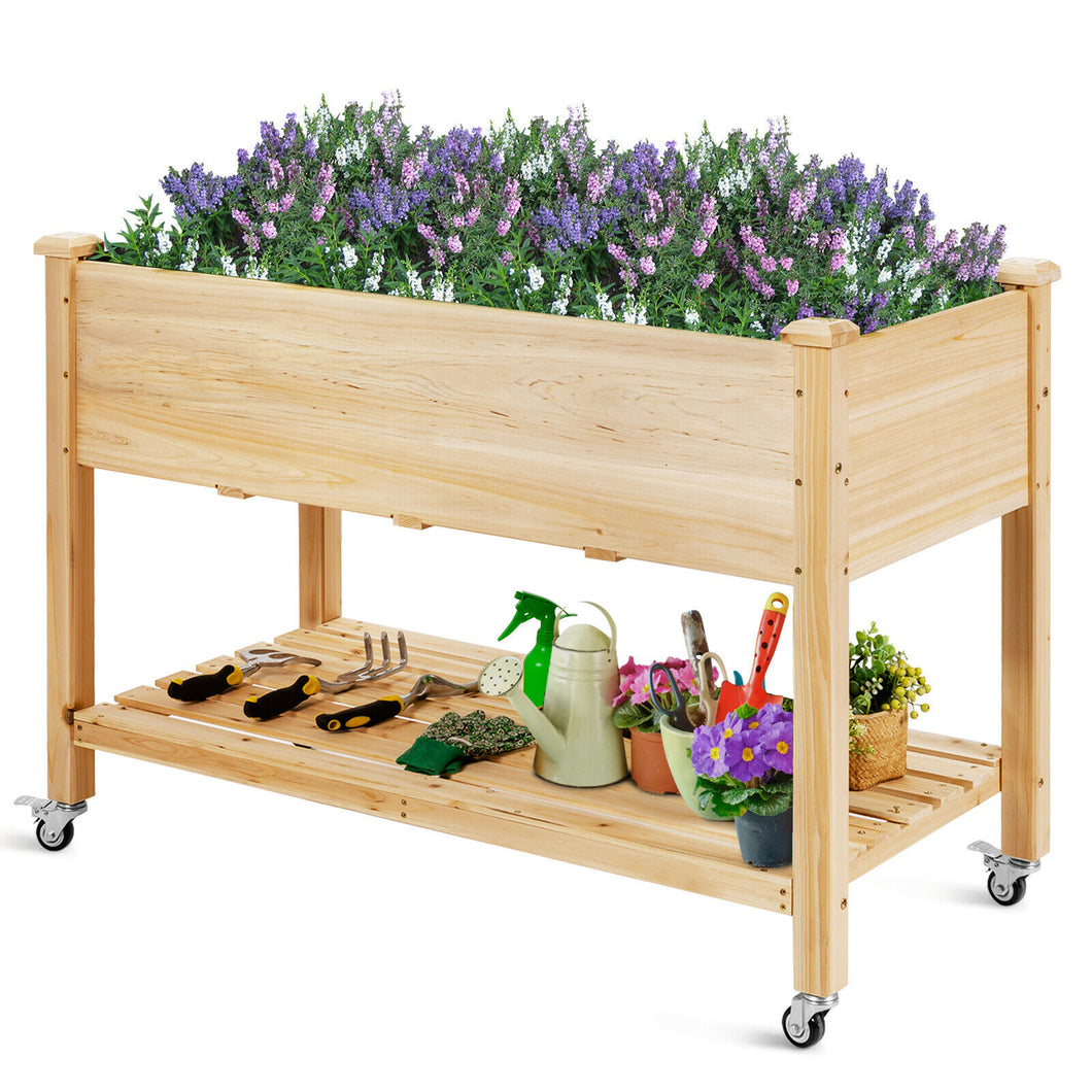 Gymax Raised Garden Bed Wood Elevated Planter Bed w/Lockable Wheels Shelf & Liner