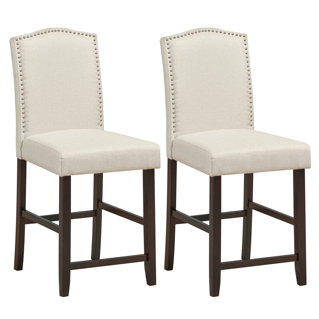 Gymax Set of 2 Fabric Barstools Nail Head Trim Counter Height Dining Side Chairs Beige