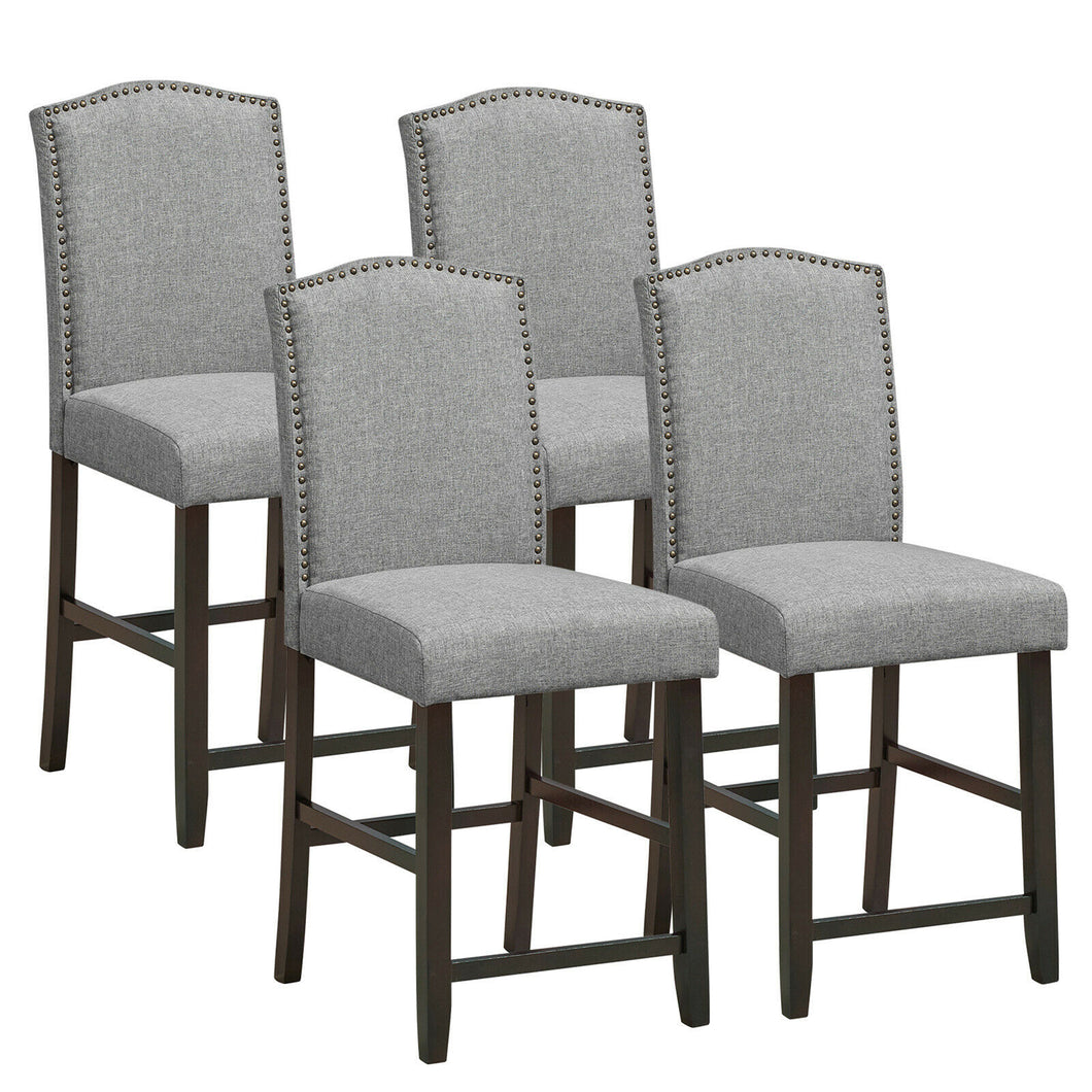 Gymax Set of 4 Fabric Barstools Nail Head Trim Counter Height Dining Side Chairs Grey