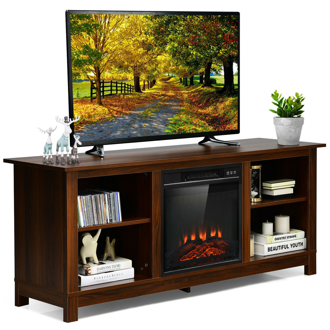 Gymax 58'' 2-Tier Fireplace TV Stand W/18'' 1400W Electric Fireplace 65'' Walnut