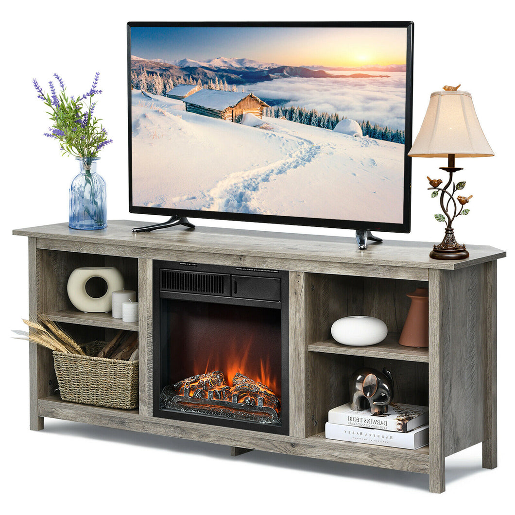 Gymax 58'' 2-Tier Fireplace TV Stand W/18'' Electric Fireplace Grey Up to 65''