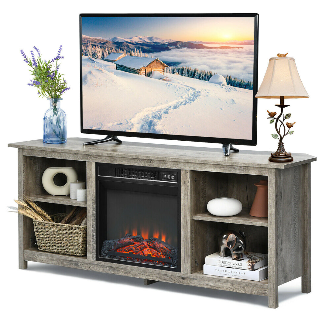 Gymax 58'' 2-Tier Fireplace TV Stand W/18'' Electric Fireplace up to 65'' Grey