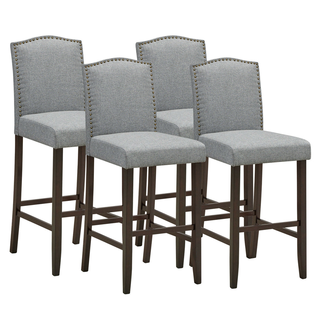 Gymax Set of 4 Nailhead Bar Stools 29'' Bar Height with Rubber Wood Legs Grey