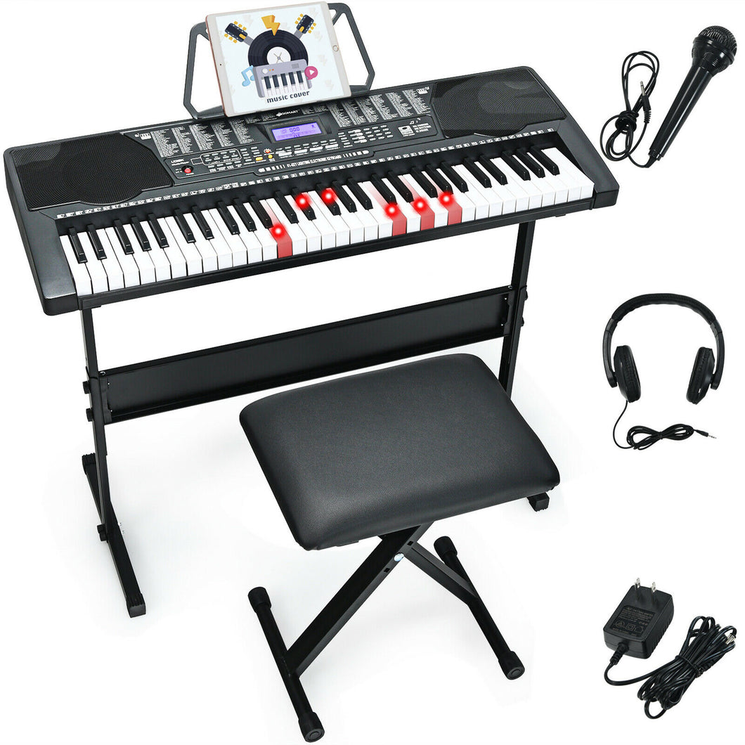 Gymax Sonart 61-Key Electronic Keyboard Piano w/Lighted Keys Stand Bench Headphone