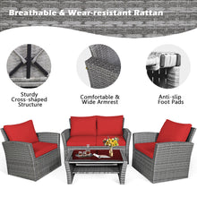 Load image into Gallery viewer, Gymax 4PCS Patio Rattan Conversation Set Outdoor Furniture Set w/ Red Cushions
