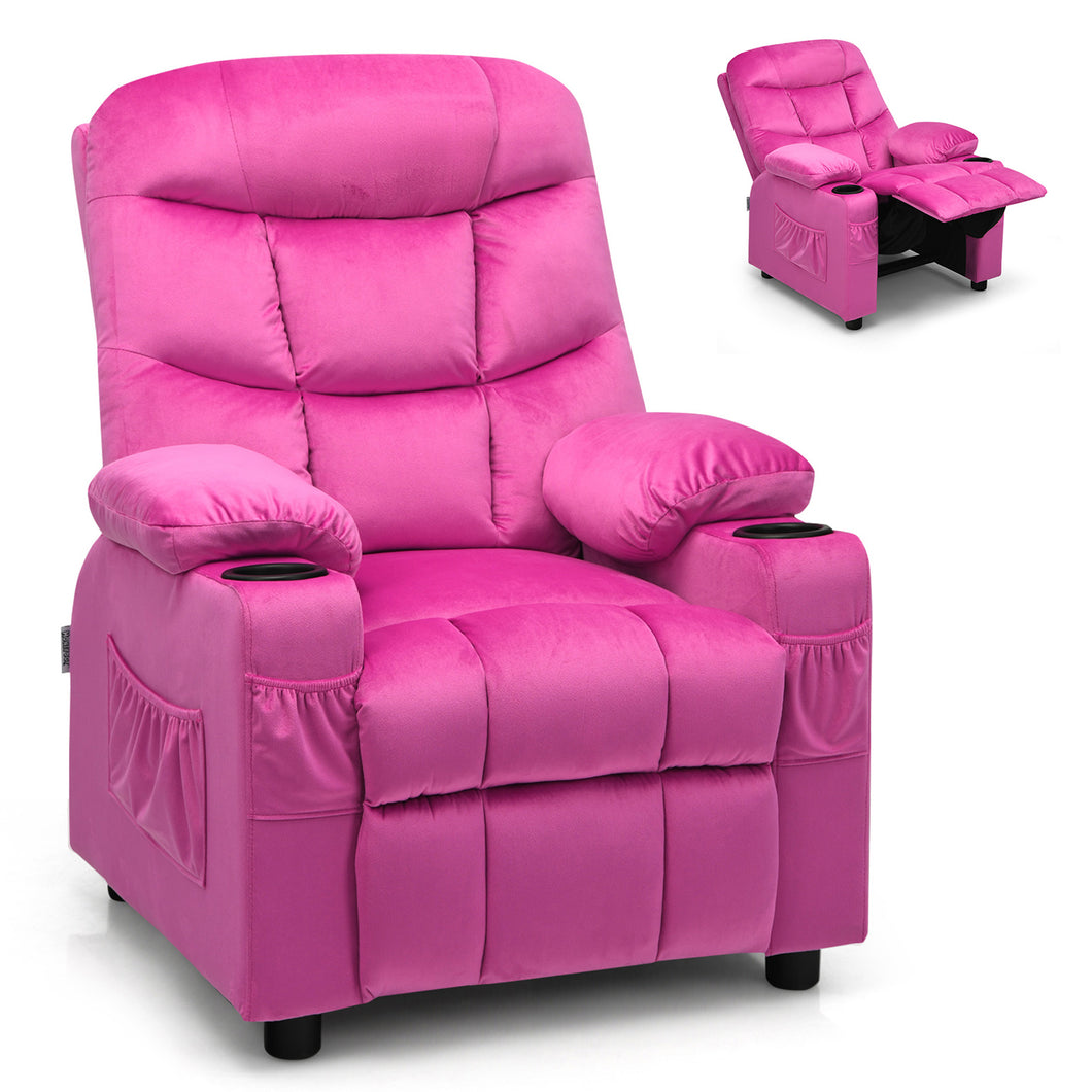 Gymax Kids Youth Recliner Chair Velvet Fabric w/Cup Holder & Side Pocket Blue/Pink