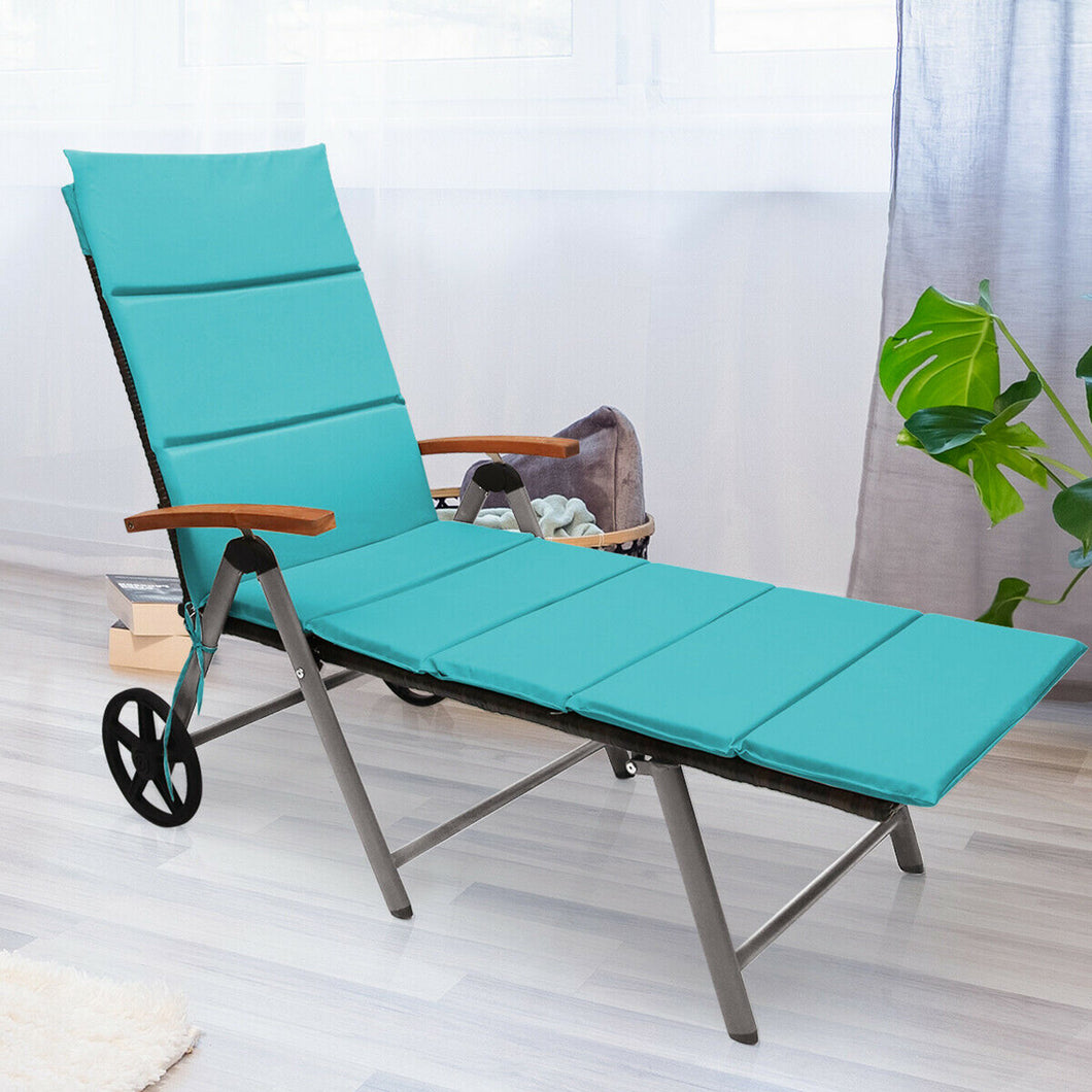 Gymax Folding Patio Rattan Lounge Chair Cushioned Aluminum Adjust Wheel Turquoise