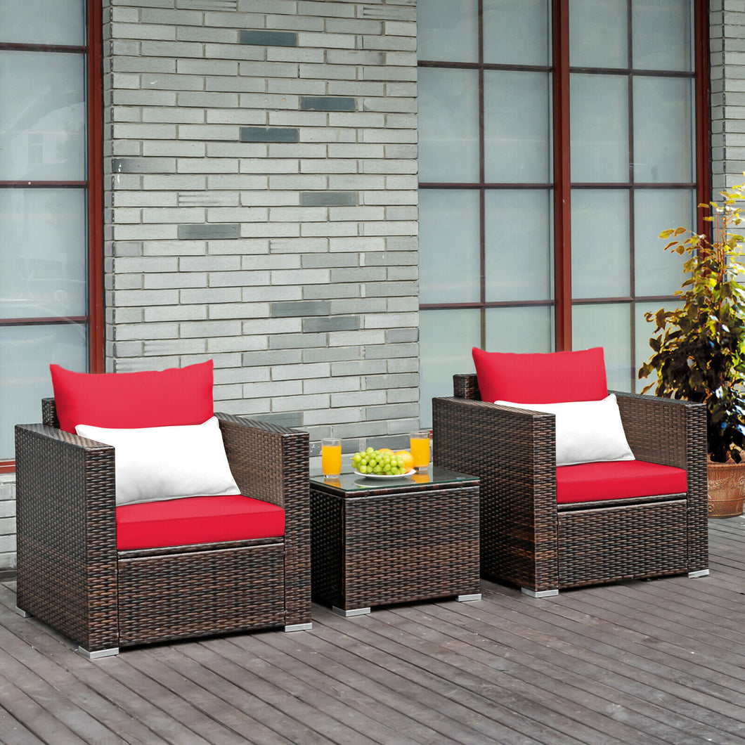 Gymax 3PCS Rattan Patio Outdoor Conversation Furniture Set w/ Red Cushions