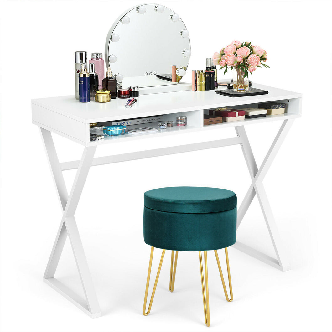 Gymax Vanity Table Set Writing Desk Makeup Table w/Round Storage Ottoman Green