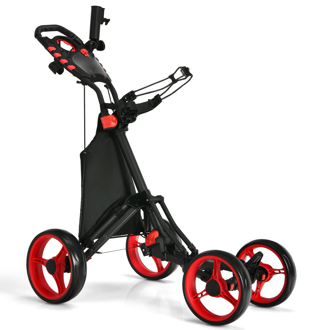 Gymax 4 Wheels Foldable Golf Push Pull Cart Trolley w/ Brake Waterproof Bag Red