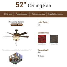 Load image into Gallery viewer, Gymax 52&#39;&#39; Ceiling Fan W/ Light Retro Crystal Chandelier Ceiling Fan 5 Reversible Fan

