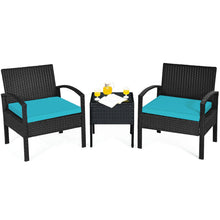 Load image into Gallery viewer, Gymax 3PCS Patio Rattan Conversation Furniture Set Outdoor Yard w/ Turquoise Cushions
