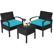 Load image into Gallery viewer, Gymax 3PCS Patio Rattan Conversation Furniture Set Outdoor Yard w/ Turquoise Cushions
