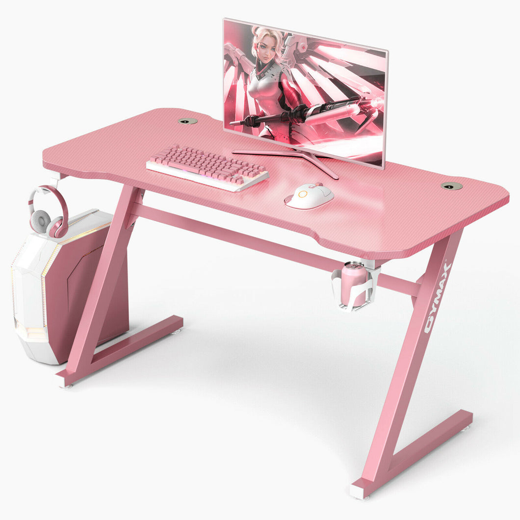 Gymax 47'' Gaming Desk Z-Shaped Computer Table w/ Cup Holder Headphone Hook Pink
