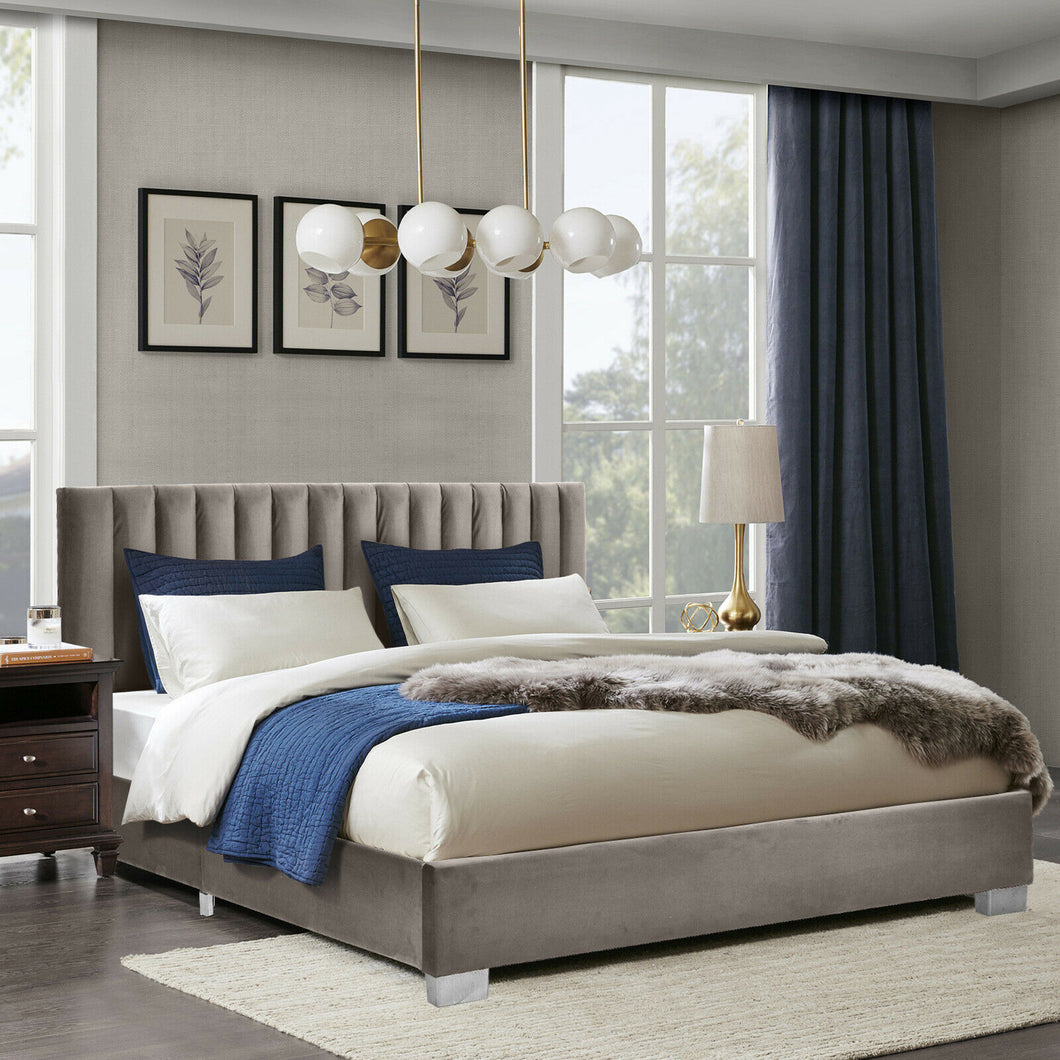 Gymax Full Tufted Upholstered Platform Bed Frame Flannel Headboard Light Grey