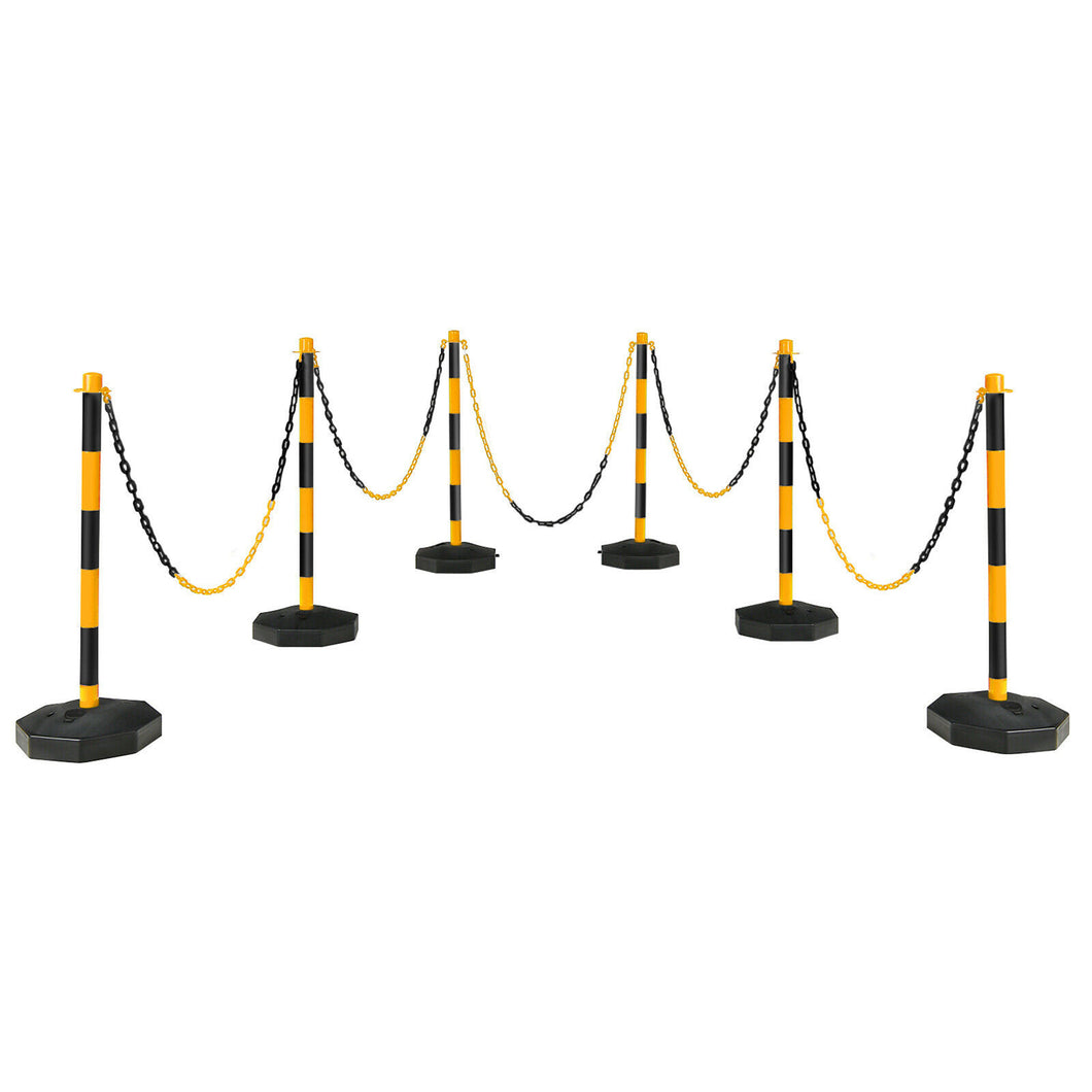 Gymax 6PCS Traffic Delineator Pole Safety Caution Barrier w/ 5ft Link Chains Yellow & Black