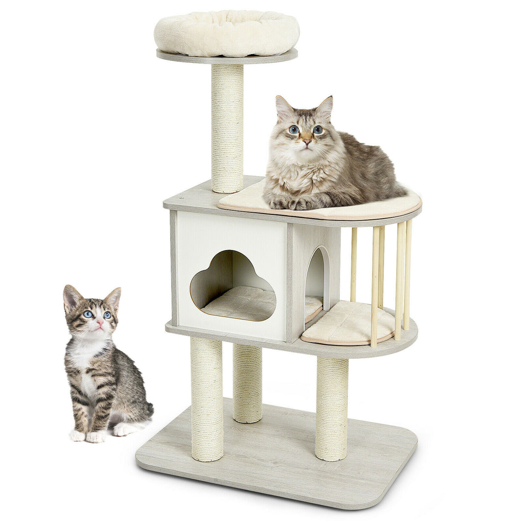 Gymax 46'' Modern Wooden Cat Tree with Platform & Washable Cushions for Cats & Kittens