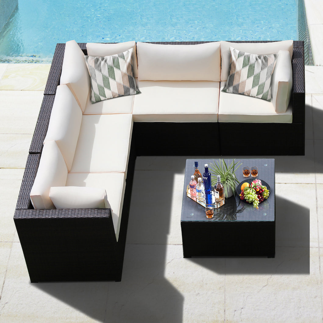 Gymax 6PCS Rattan Patio Sectional Sofa Conversation Set Outdoor w/ Beige Cushions